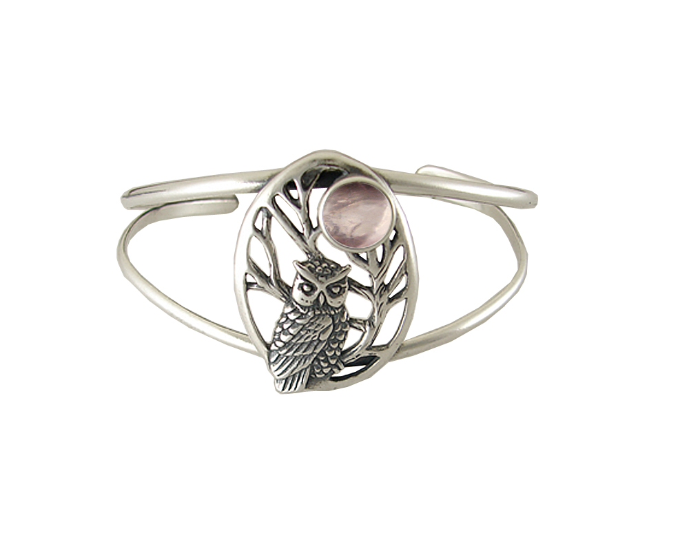 Sterling Silver Owl of the Dark Night Cuff Bracelet with Rainbow Moonstone